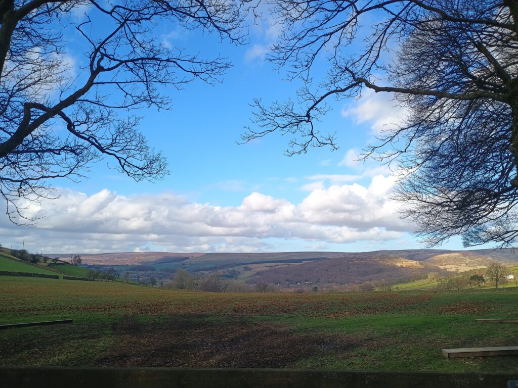 The countryside. Green, muddy fields in the foreground; purple hills in the distance. A blue sky above, with cotton ball clouds. Framed on both sides by bare, deciduous trees.